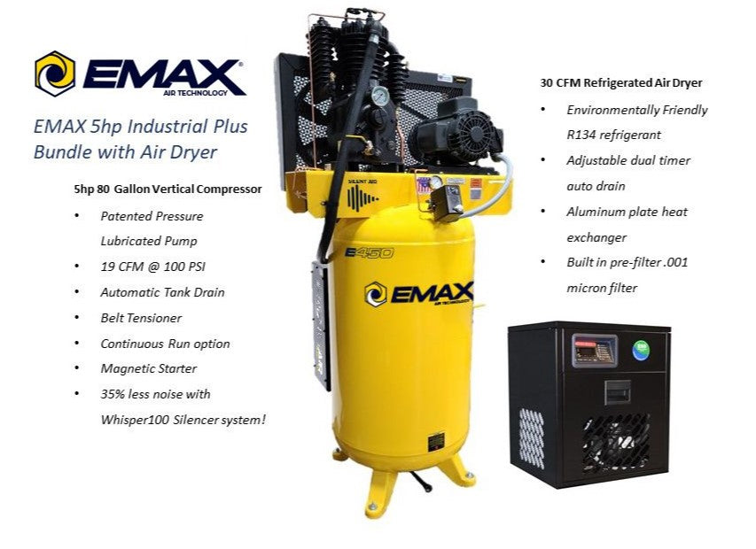 EMAX ESP05V080I1PK Industrial Plus Series 80 Gal. 5 HP 1-Phase Two Stage Silent Air Electric Air Compressor with 30 CFM Dryer New